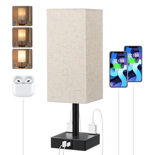 Touch Bedside Table Lamp For Nightstand - 3-Way Dimmable Night Lamp with USB A + Type C Charging Ports and two AC Outlets, Small Desk Light with E26 LED Bulb for Bedroom Living Room Dorm, BEIGE - color: 1 Beige & Black, size: 14.0in