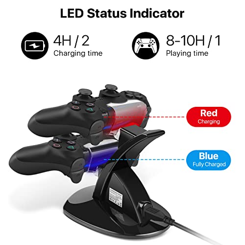 TNP PS4 Controller Charger Dock for 2 DualShock 4 Controllers, Black | Dual PS4 charging station charges 1 controller in about 2 hours or 2 in about 4 hours, with LED status indicators.