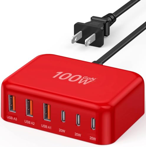 [2026 Updated] USB C Fast Charger, 100W GaN 6 Port Type C Charging Station Hub Block Cube, USB C Wall Charger Power Strip Adapter Plug for iPad iPhone 17 16 15 14 Pro Max Pixel Note Galaxy, 5ft Cord - color: F-Red, size: 100W