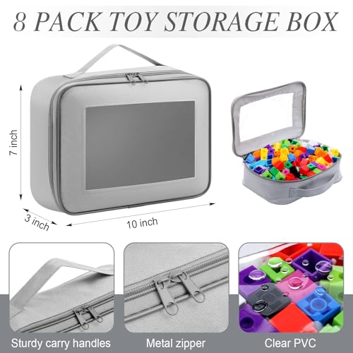 Abbylike 8 Pack Toys Storage Bags with Handle and Clear PVC Window, Classic Bricks Building Set Organization Bags, Car Toy Traveling Carrying Case for Puzzles Board Games Building Blocks(Gray) - color: Gray