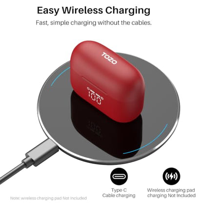 TOZO T20 Wireless Earbuds 97H Playtime, Wireless Charging LED Display Case | 10mm Deep Bass Sound, Dual Mic ENC Clear Calls, IPX8 Waterproof, Bluetooth 5.3, Comfortable Fit Ear Buds For Daily Use, Red - color: Red