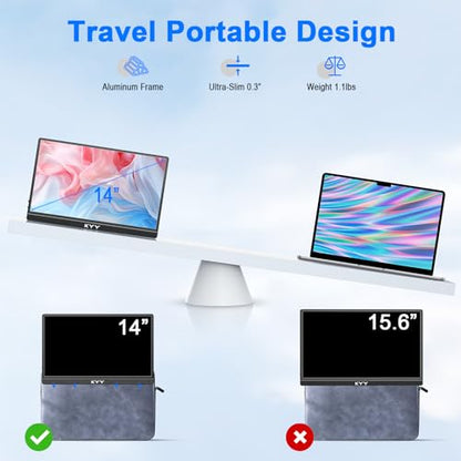 KYY Portable Laptop Monitor,14"1080P Travel Computer Screen with VESA Mount | 14"USB-C & HDMI Computer Gaming Screen with Smart Cover, Dual Speakers, for Mac PC Phone Xbox PS5 Switch, K5-3