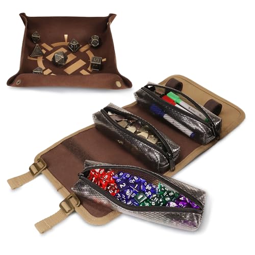 ENHANCE Venture Canvas Dice Carrying Case - Dice Roll Case with Removable Dice Tray, 3 Removable Zipper Pouches - Rolling Tray and Dice Case Perfect for DND, MTG, and Other Board Games