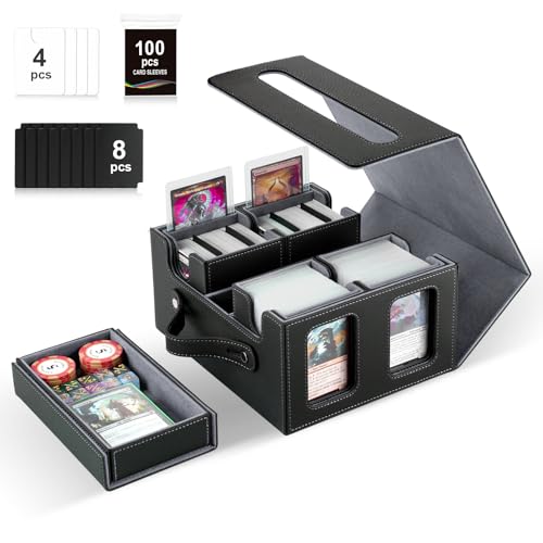 Card Deck Box for MTG with Commander Display, 5 in 1 Card Storage Box Fits 400+ Double-sleeved Cards, 4 Separate Small Cases for TCG/Sports Cards, Dice Tray＆Handle(Black & Gray) - color: Black/Gray