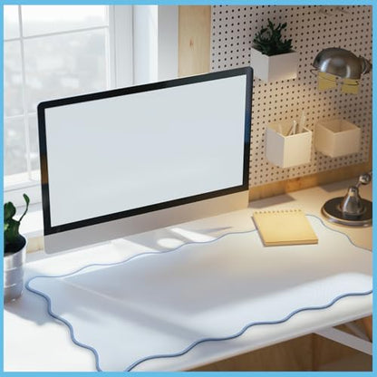 Hahafelt Scalloped Desk Mat Large Desk Pad Cute Coquette Table Mat Back to School Preppy Table Make up Pad Nonslip Graduation Gift with Stitching Waterproof Gaming(Blue,36 x 17 Inches) - color: Blue, size: 36 x 17 Inches