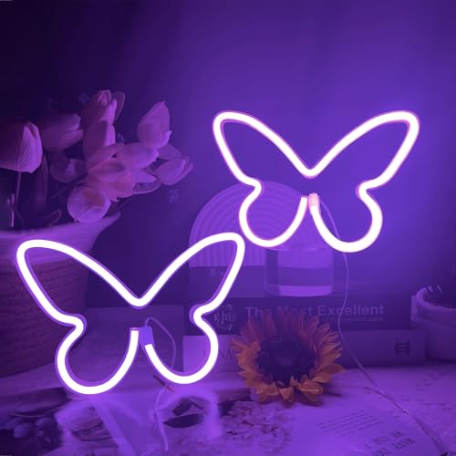2 PCS Butterfly Neon Signs Purple Butterfly LED Neon Light for Bedroom | USB/3AA Battery Powered Neon Light Sign Wall Art for Valentines Day Birthday Wedding Party Home Bar Decorations - color: Pink