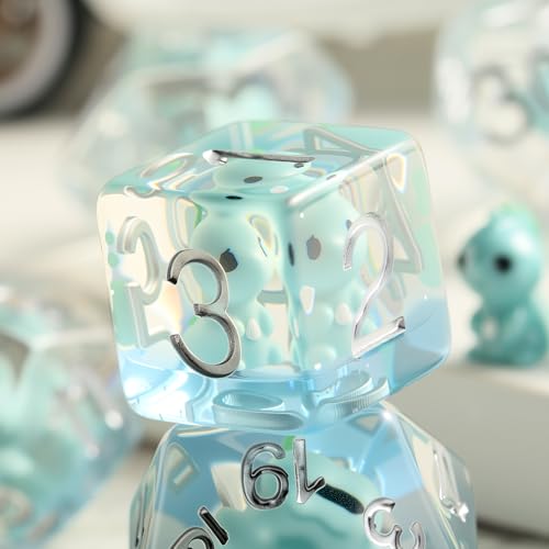 Dinosaur D&D Dice Set 7PCS Polyhedral Dice for Dungeons and Dragons, D&D RPG Resin Dice with Silver Numbers in Gift Velvet Bag for DND Players（Dinosaur