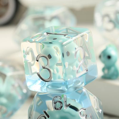 Dinosaur D&D Dice Set 7PCS Polyhedral Dice for Dungeons and Dragons, D&D RPG Resin Dice with Silver Numbers in Gift Velvet Bag for DND Players（Dinosaur