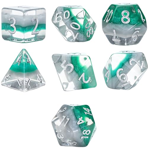 Gate Keeper Games & Dice: Eclipse Dice Elven - 7 Piece RPG Dice Set, Silver & Sylvan Green, 7 Resin Dice for Role Playing Games, 4-Layered Polyhedral - style: Elven