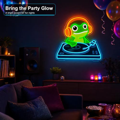 Frog DJ Neon Sign, Music Neon Signs for Wall Decor, Cute LED Light Up Sign for Bedroom, Game Room, Man Cave, Bar, Studio and Party Decor, USB Powered Dimmable Funny Wall Art Gift for DJ Music Lovers - style: DJ Frog