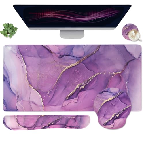 4-in-1 Gaming Mouse Pad Wrist Support Set，Desk Pad + Mouse Pad with Wrist Rest + Keyboard Wrist Rest + Coaster, Ergonomic Design for Home Office Study Game - Purple - color: 4 Pcs Purple