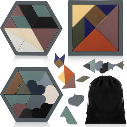 Yunsailing 3 Pack Large Wooden Blocks Puzzles Hexagon Tangram Puzzle Wooden Russian Brain Puzzles for Adult Challenge Teasers Geometric Jigsaw Logic Iq STEM Educational Gift Graduation(Stylish) - style: Stylish