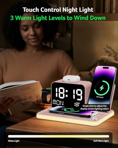 Acer 7-in-1 Wireless Charging Station with LED Clock - 30W Fast Wireless Charger for iPhone 16/15/14/13/12/Pro Max, Apple Watch, AirPods - Bluetooth Auto Time Sync & Night Lights (Pink) - color: Pink