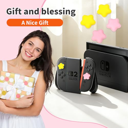 PERFECTSIGHT Cute Star Thumb Grip Caps for Switch 2, PS5, PS4, Xbox Series X/S, Xbox One, Switch PRO Controller, 4PCS Kawaii Soft Rubber 3D Analog Thumbsticks Grips Joystick Cover (Yellow+Pink) - color: Yellow+Pink Star