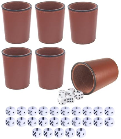 Leather Dice Cup, Quite Felt-Lined Interior, 6 Shaker Cups and 30 Dot Dices, one Carry Bag (Brown) - color: Brown