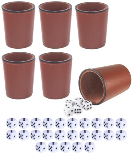 Leather Dice Cup, Quite Felt-Lined Interior, 6 Shaker Cups and 30 Dot Dices, one Carry Bag (Brown) - color: Brown