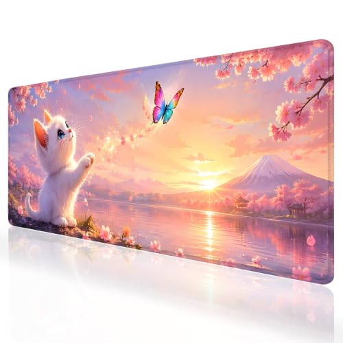 Extended Large Gaming Cat Mouse Pad, Cute Kitten Butterfly Cherry Blossom Desk Mat, Anime Pink Sunset Lake Landscape Mousepad, Japanese Sakura Aesthetic Desk Decor Gift for Women Girls Office Home - color: White Kitten Butterfly