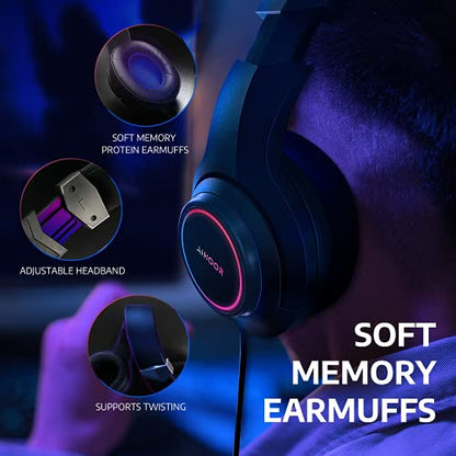 AIHOOR Gaming Headset with Virtual 7.1 Surround Sound,Over Ear Headphones,Noise Cancelling Microphone,Ultra-Low Latency Games & LED Light Soft Memory Protein Earmuffs for PC Mac Computer Games- Black