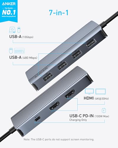 Anker 7-in-1 USB-C Hub, Dual Monitor USB C Docking Station, Dual HDMI Display, 85W Max Output, 10Gbps Data Transfers for Dell XPS, ThinkPad T14 Gen2 and More | 85W Max PD, 1 USB-A 10Gbps and 3 USB 2.0 Data Ports, Dual 4K HDMI, for Dell XPS, ThinkPad T14 G