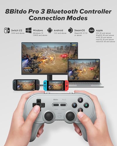 8Bitdo Pro 3 Bluetooth Controller with TMR Joysticks (Gray) | Swappable ABXY Buttons, Pro Back Buttons, Hall Triggers, Charging Dock, for Switch/Switch 2, Windows, Apple, SteamOS, Android - color: Gray, size: Pro 3