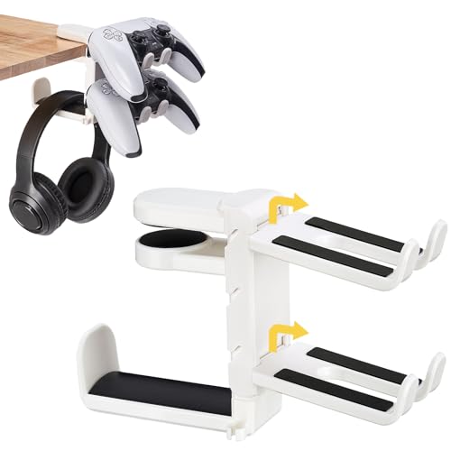 3-in-1 Under Desk Headphone Hanger with Adjustable Clamp Mount, 2 Controller Slots & 1 Headset Universal Holder Stand, Rotatable Hook Rack & Cable Organizer, for Home Gaming Xbox ps5 - White - size: White - 1 Headphone & 2 Controllers