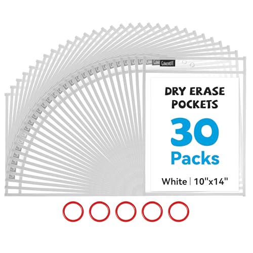 Gamenote 30 Pack White Dry Erase Pockets with 5 Rings, 10x14 Oversized Reusable Plastic Sleeves, Clear Sheet Protectors, Teacher Supplies for Classroom Organization - color: White, size: 30 Pack