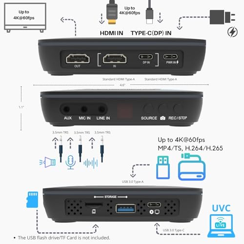 ClonerAlliance UHD Halo, 4K@60fps Standalone Video Recorder with H.265/H.264 Codec, HDMI & Mobile Dual Capture, 4K@60fps Passthrough, Audio Extract/Mix.