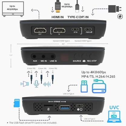 ClonerAlliance UHD Halo, 4K@60fps Standalone Video Recorder with H.265/H.264 Codec, HDMI & Mobile Dual Capture, 4K@60fps Passthrough, Audio Extract/Mix.