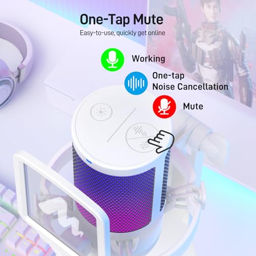 MAONO USB Gaming Microphone with Boom Arm Microphone Stand: Noise Cancellation Condenser Mic Kit with RGB Lights,for Streaming Recording Podcast Chat Twitch YouTube Discord DGM20+BA20 White