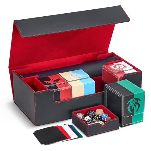 Trading Card Storage Box Holds 4 MTG Deck Boxes | Card deck case with dice compartment and playmat slot, compatible with Magic, TCG and CCG cards, Black & Red - color: 5. Card Box Black & Red, size: 4 Deck Card Box
