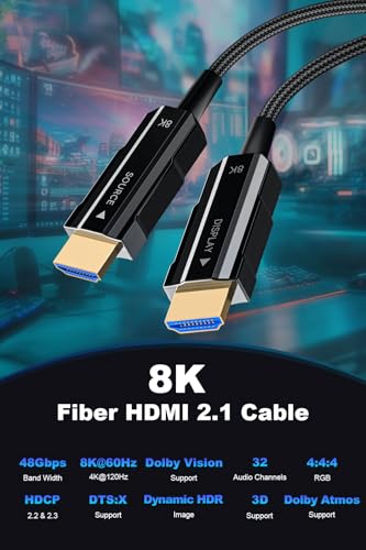8K Long HDMI 2.1 Cable 75ft, Fiber Optic HDMI Braided Cord, High Speed Active HDMI Cable, 48Gbps, 8K@60Hz 4K@120Hz, Dynamic HDR, Dolby, HDCP 2.2&2.3, 3D, for HDTV Monitor Game Laptop Home Theatre - size: 75ft (Fiber-Unidirectional)