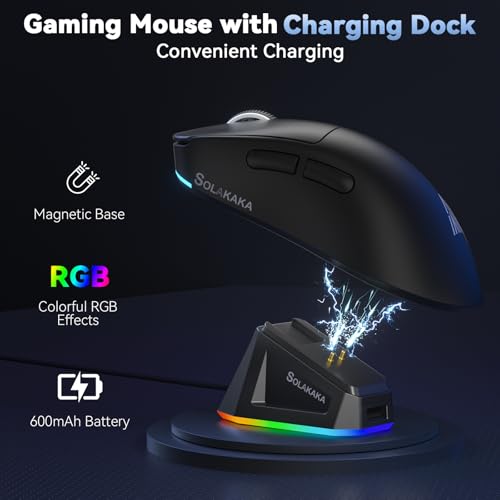 SOLAKAKA SM822 Wireless Gaming Mouse with Charging Dock, Tri-Mode Wireless Mouse, PAW3311 Optical Sensor, Up to 24,000DPI, 62g Lightweight Mouse with 5 programmable Buttons, for PC, Laptop (Black) - color: Black