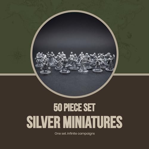 50-Piece Silver Fantasy Miniatures Set: 16 Unique Pre-Finished RPG Figures for Tabletop Roleplaying Games, Heroes & Monsters, Campaign Ready, No Paint Required
