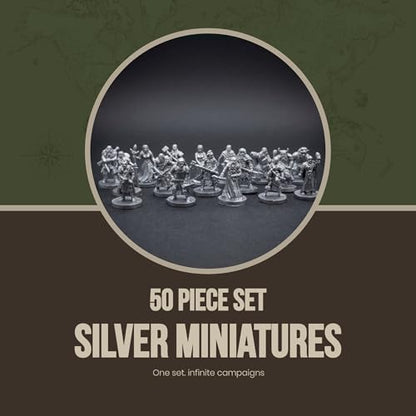 50-Piece Silver Fantasy Miniatures Set: 16 Unique Pre-Finished RPG Figures for Tabletop Roleplaying Games, Heroes & Monsters, Campaign Ready, No Paint Required
