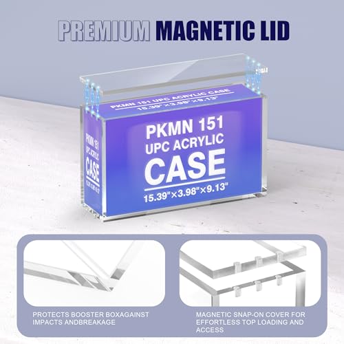 Magnetic Acrylic Display Case with Magnetic Seal. Crafted to showcase and protect your premium collector's boxes, Compatible with Pkmn 151 UPC & Mega Zard X ex UPC - size: Mega Charzrd & 151 UPC Case