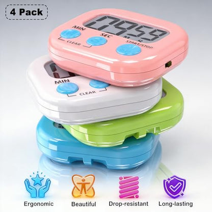 Antonki 4 Pack Digital Timer for Kids, Kitchen Timer for Cooking, Classroom, Study, Exercise with Countdown/Up Mode - Loud Alarm, Large Display - AAA Battery Operated (Not Included)