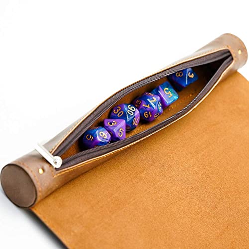 Cusdie 2 in 1 Dice Rolling Mat & Zippered Dice Holder Dice Tray- Compatible with DND Polyhedral Dice (Brown) - color: Brown