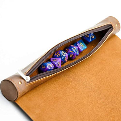 Cusdie 2 in 1 Dice Rolling Mat & Zippered Dice Holder Dice Tray- Compatible with DND Polyhedral Dice (Brown) - color: Brown