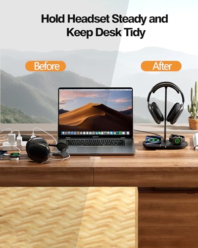 HiWe Headphone Stand, 2-in-1 MagSafe Wireless Charger for iPhone/iWatch | Headset Holder for All Headphones, Aluminum Alloy Bar, ABS Solid Base, PU Headrest, Table Desk Organizer - color: Black