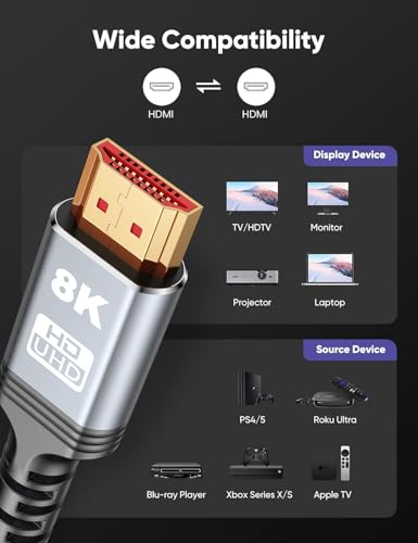 8K 10K 4K HDMI Cable 48Gbps 3.3FT/1M, Certified Ultra High Speed HDMI Cable Braided Cord-4K@120Hz 8K@60Hz, DTS:X, HDCP 2.2 & 2.3, HDR 10 Compatible with Roku TV/PS5/HDTV/Blu-ray - size: 3.3 Feet