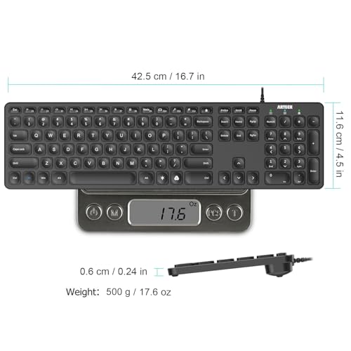 Arteck Backlit USB Wired Full Size Keyboard with Media Hotkey for PC and Laptop