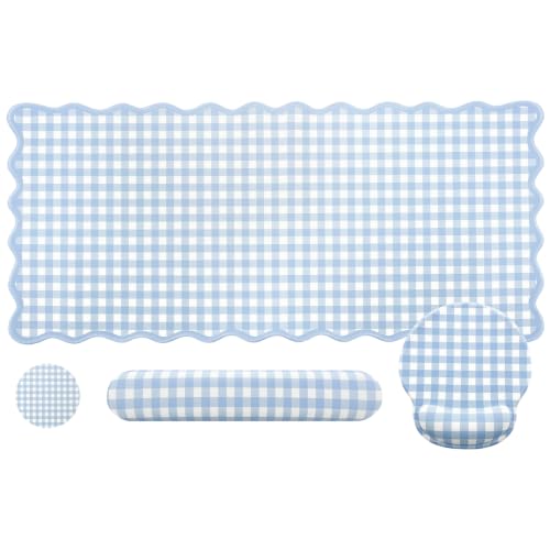Blue Gingham Desk Mat Set with Wrist Rest, Ergonomic Design, Scalloped Edge Keyboard Mouse Pad Set Large 35.4x15.7 Inch, Memory Foam Wrist Support, Non-Slip Desk Pad Home Office Decor - color: Blue