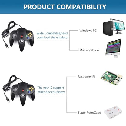 KIWITATA Classic N64 USB Controller, Retro N64 Remote Wired Joystick PC Emulator Game Controller for Windows XP 7 8 11 & Raspberry Pi 3 - color: black