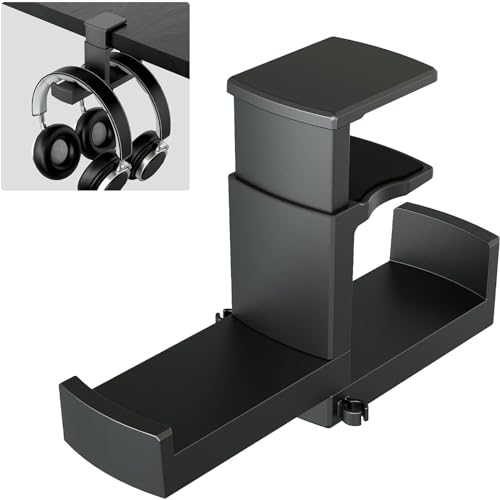 Dual Headphone Stand Holder - EURPMASK 2 in 1 PC Gaming Headset Hooks, 360 Degree Rotating Headphone Hanger with Adjustable Clamp & Cable Clip Organizer, Headset Mount Under Desk Earphone Clamp-Black - color: Black