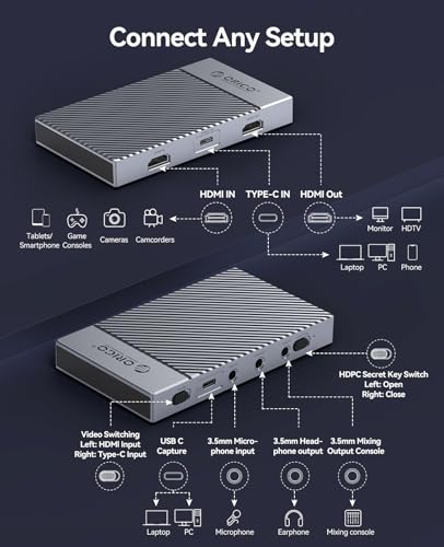 ORICO IS6 4K Portable HDMI Capture Card for Streaming, Dual 4K@60Hz Inputs, USB C Game Capture Card with Audio Ports Compatible with PS5, Xbox, Switch, OBS Recording, Works on PC, Mac, Laptop, iPad