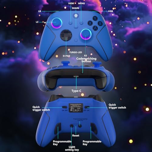 YUYIU Wireless 2.4GHz Controller with 7 Colors RGB Light for Xbox Controller, Xbox One Series X|S,Consoles,Steam PC Windows,with 1000mAh Battery/hall effect sticks/Turbo/Programmable, 3.5mm Audio Jack - color: Blue