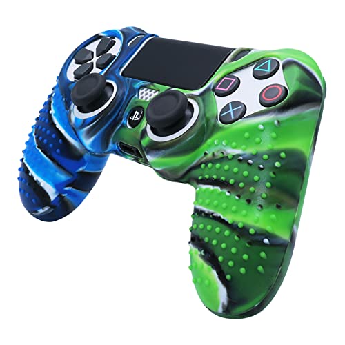 PS4 Controller DualShock4 Skin Grip Anti-Slip Silicone Cover Protector Case for Sony PS4/PS4 Slim/PS4 Pro Controller with 2 Thumb Grips (Black Blue Green Stripes) - color: Black Blue Green Stripes