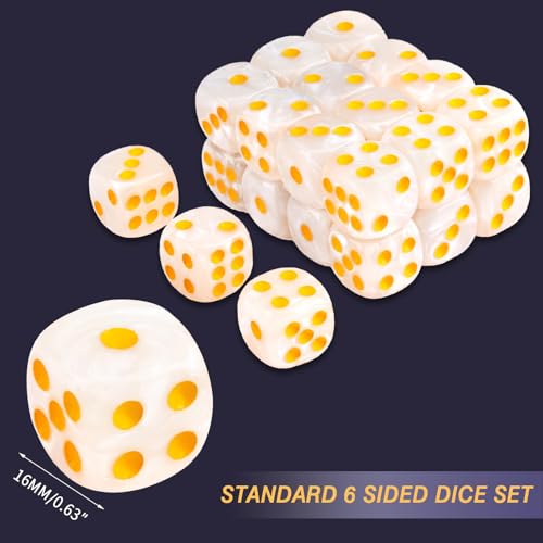 24 of Pack 16MM 6 Sided Dice Set,Pearl Pattern D6 Game Dice Set, 6 Sided Standard Dices for Yahtzee, Bunco or Teaching Math,with Portable Dice Pouch(White Pearl) - color: 16mm White Pearl