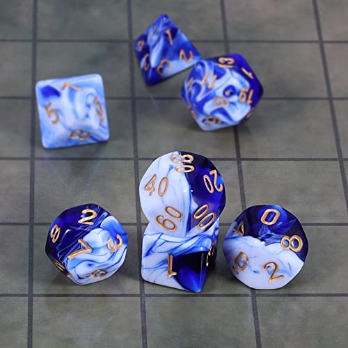 CiaraQ 7pcs Polyhedral Dice Set for Dungeon and Dragons MTG Table Games | Acrylic Role Playing Dice for D&D with Black Velvet Bag – Blue & White Marble Swirl with Gold Numbers - color: Blue & White Marble Swirl With Gold Numbers