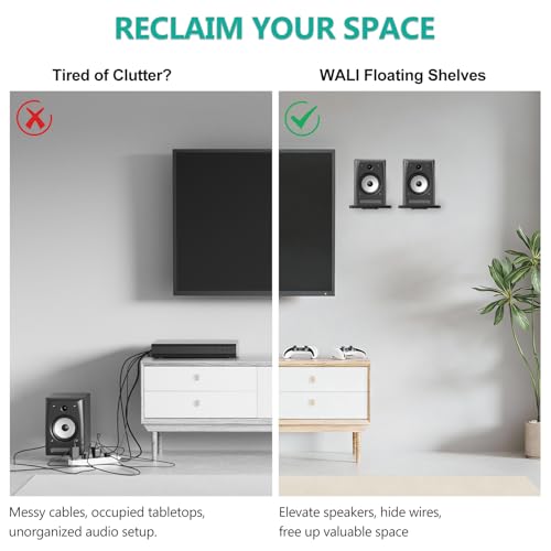 WALI Speaker Wall Mount, Heavy Duty Bookshelf Speaker Floating Wall Shelves, Surround Sound Speakers Stand for Living Room, Home Theater and Gaming Room, Holds up to 55 Lbs, (SWM302B), 1 Pair, Black - color: Black, size: 7.87" x 7.87"